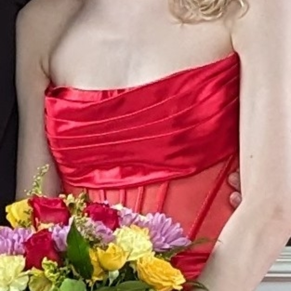 Red Satin Gown with Rose Accents - Sherri Hill - Picture 9 of 11